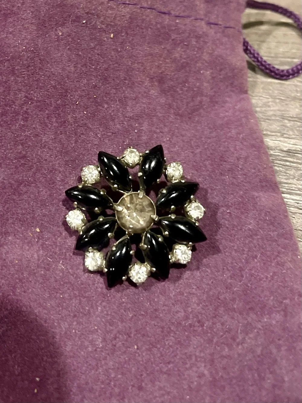 Vintage Black Crystal Flower Brooch